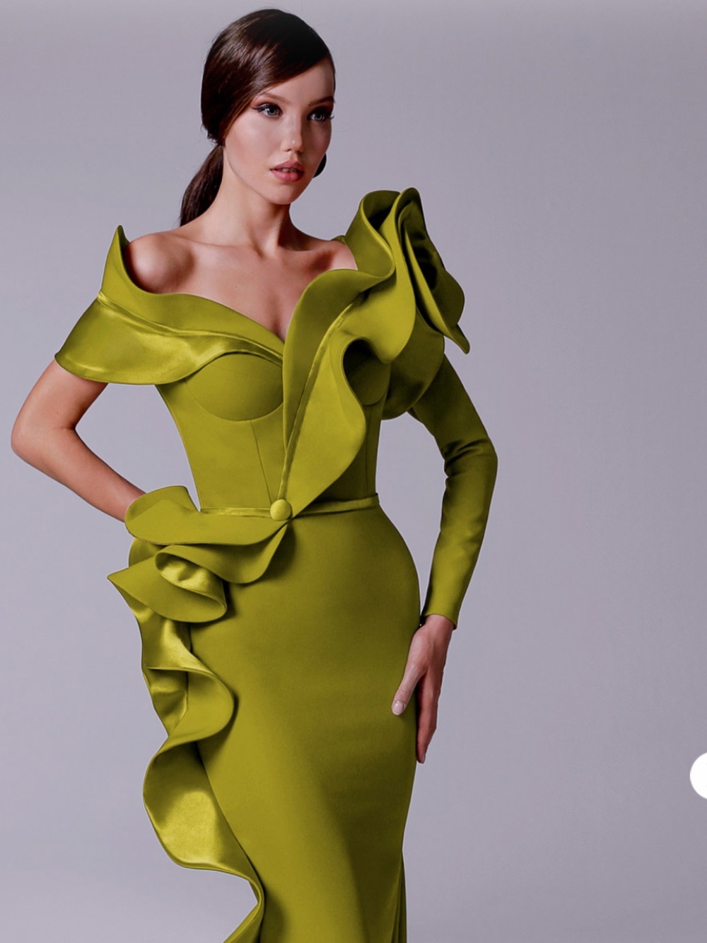 Fouad Sarkis 2714 Olive Green Long Sleeve Ruffle dress